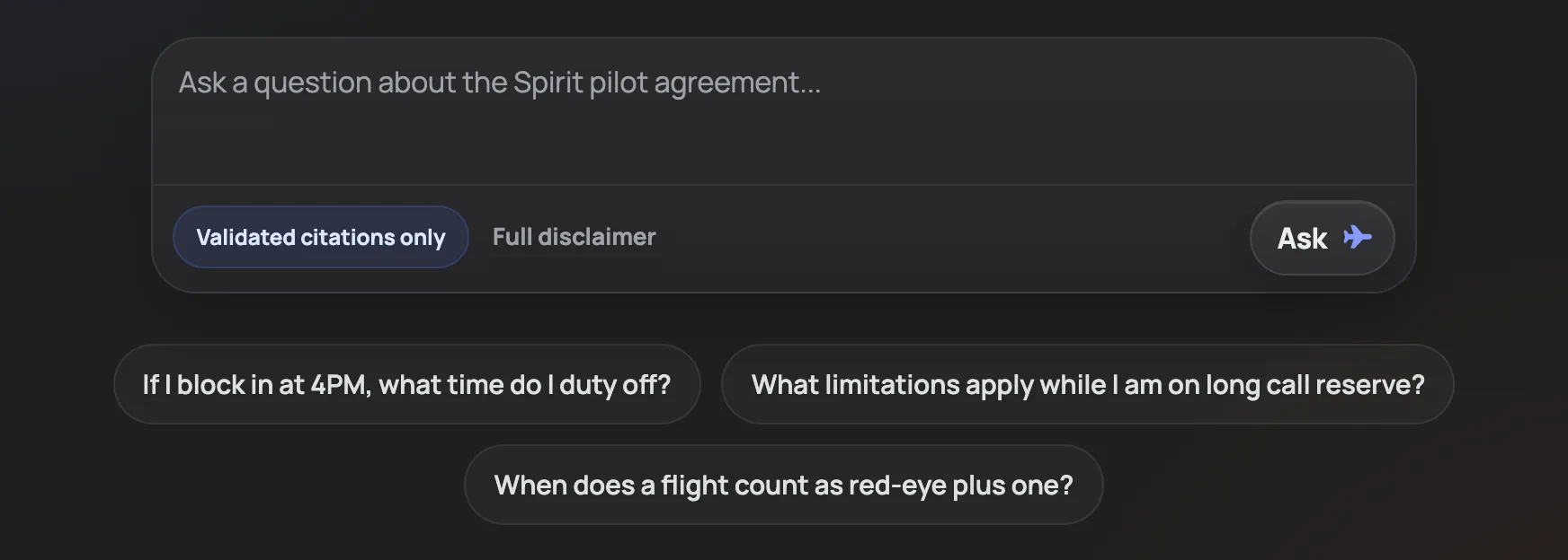 Spirit ContractIQ ask composer with citation-only status and suggested contract questions.