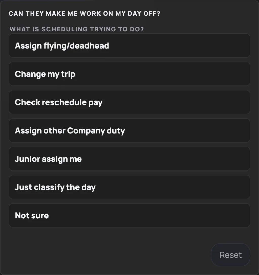 Spirit day-off protection checker asking what scheduling is trying to do.