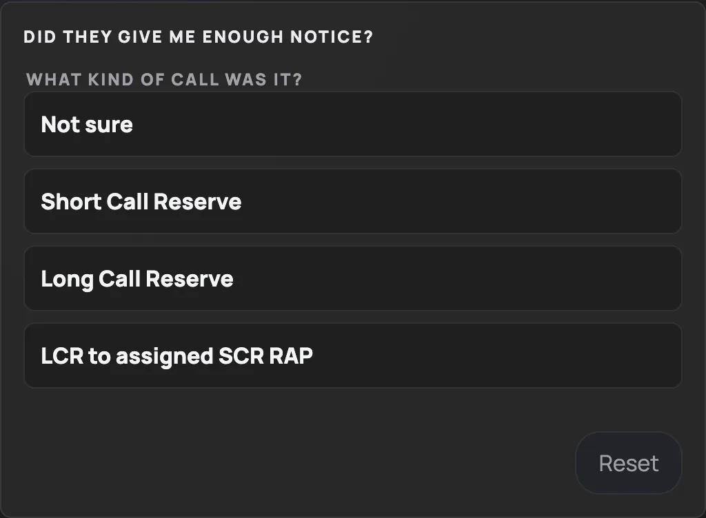 Spirit notice checker asking what kind of reserve call was received.