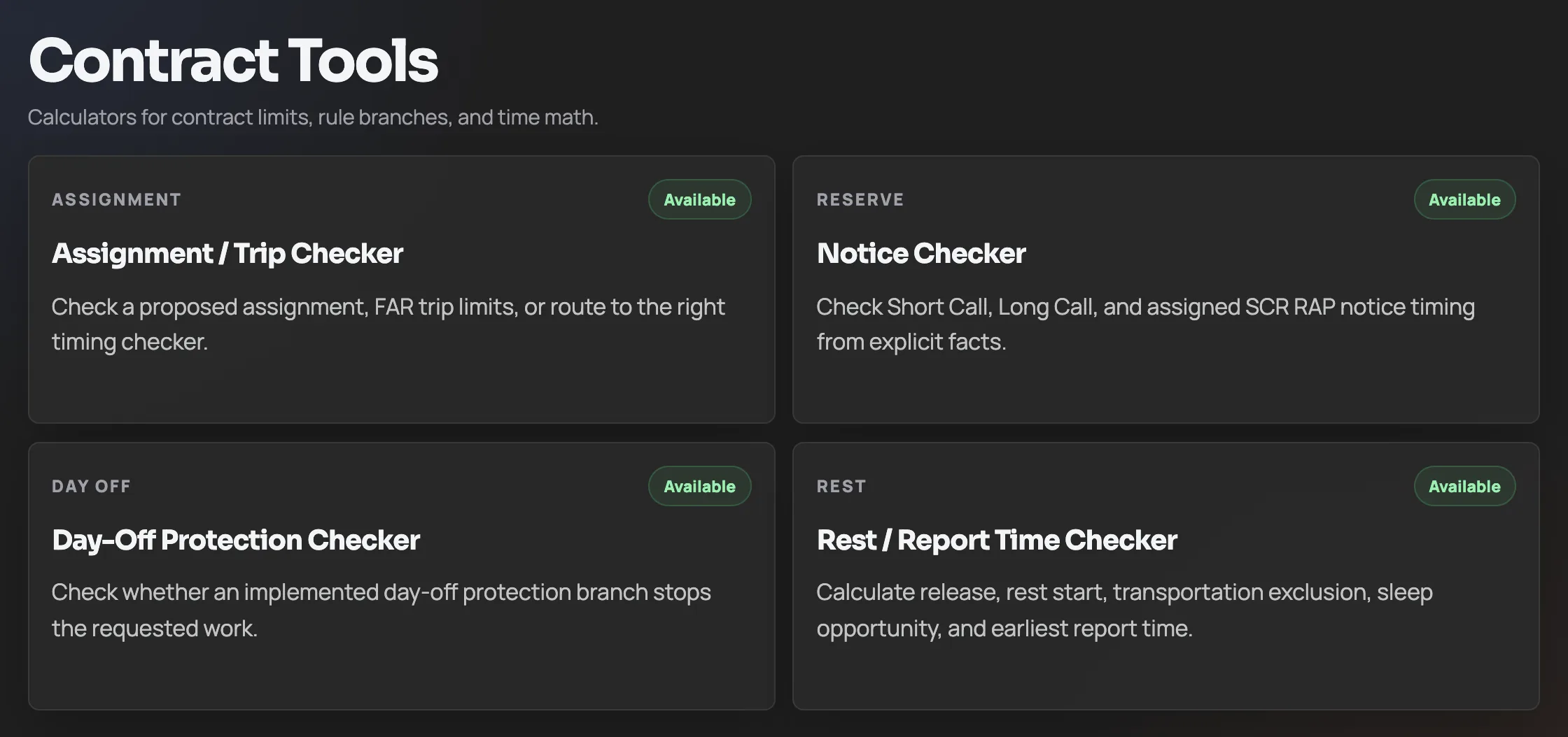 Spirit ContractIQ tools directory showing available assignment, reserve, day-off, and rest checkers.
